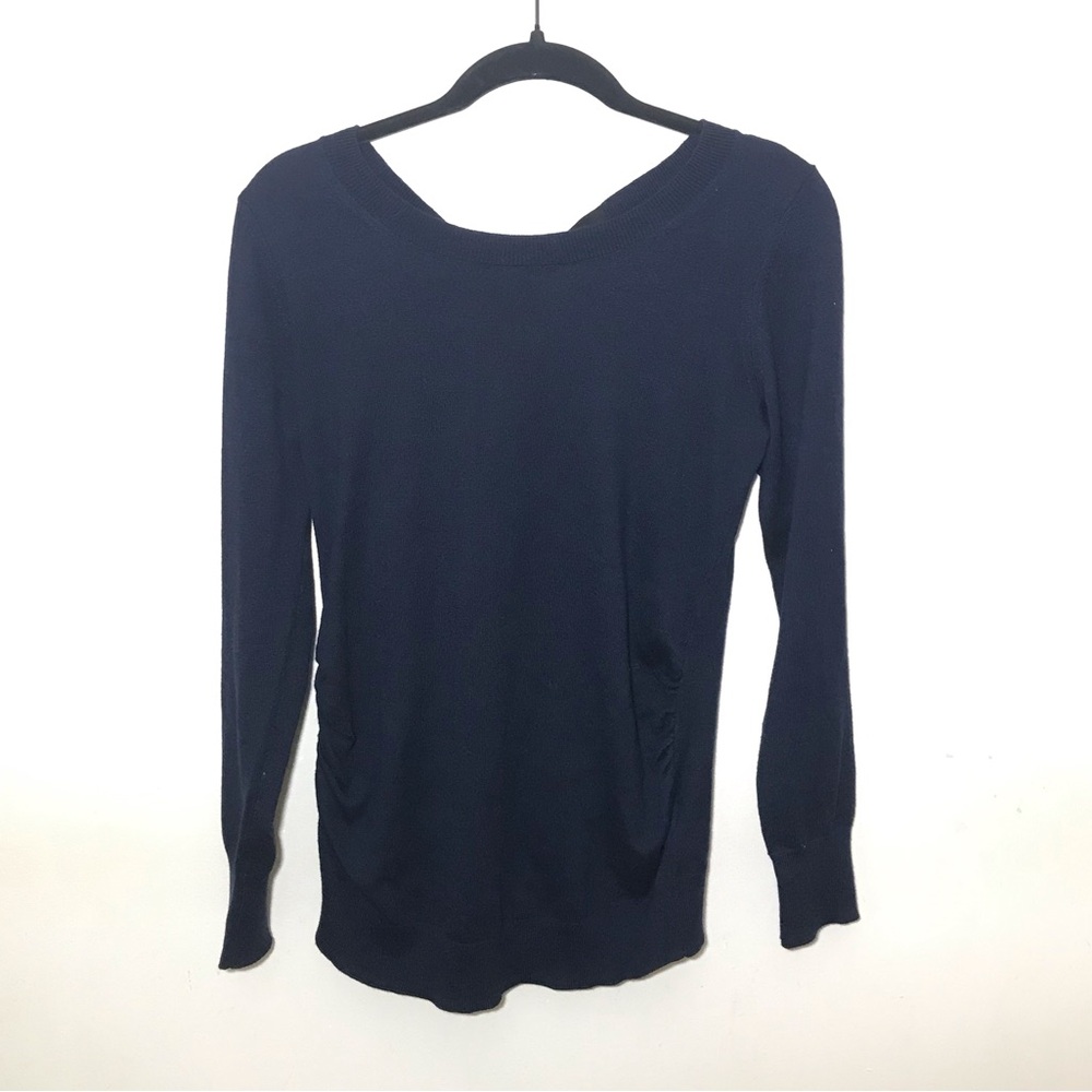 H&M S small navy blue Mama Maternity Sweater pullover open tie back bow